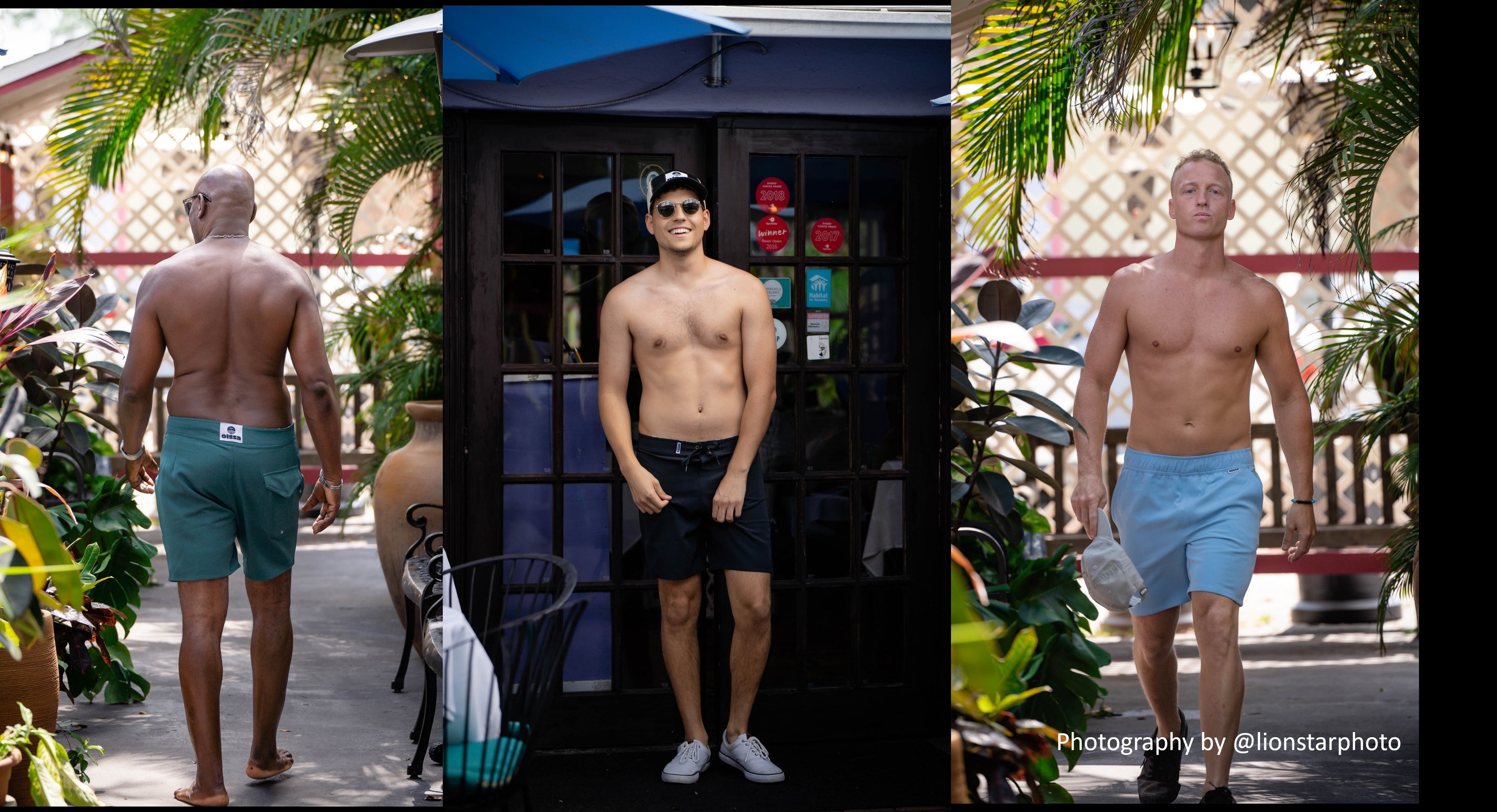 three men, one wearing a 17" botanical green boardshort, another wearing a 17" back boardshort and the other man wearing 17" sky blue elastic waist short